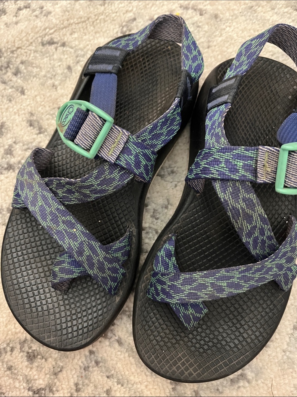 Chaco Black Sandals with Navy and Green Patterned Webbing W 8